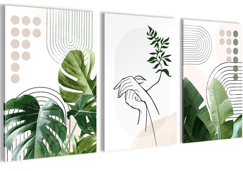 Novart Bilder Set Abstrakt Figuren Blätter - Kein Extra Rahmen benötigt - Wandbilder für Wohnzimmer Schlafzimmer Flur - 3 Teilig Deko Beige Weiss Grun - N034336a