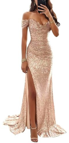 YIANN Robe de bal à paillettes scintillantes pour femme avec épaules dénudées, longue robe de soirée formelle avec fente, rose gold, 38