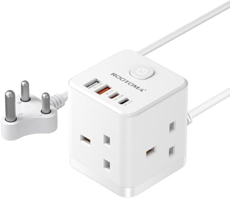 South Africa Plug Adapter with 1.5M Extension Cable 3 Way 4 Fast Charging USB (QC3.0/PD20W) Compact Cube Power Adapter for UK to South Africa, Namibia, Swaziland, Lesotho, Type M