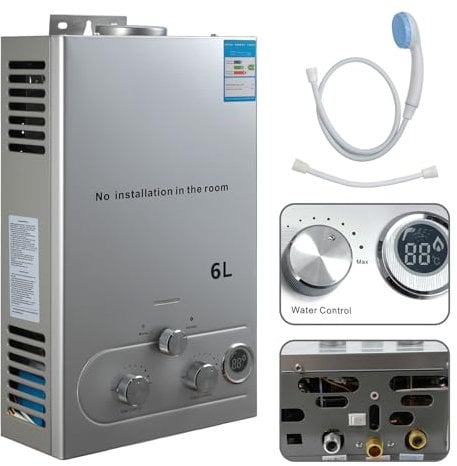 Calentador de agua de gas GLP, calentador de agua instantáneo de gas, modos de invierno y verano, protección contra sobrecalentamiento, con cabezal de ducha y fontanería, para el hogar, exterior,