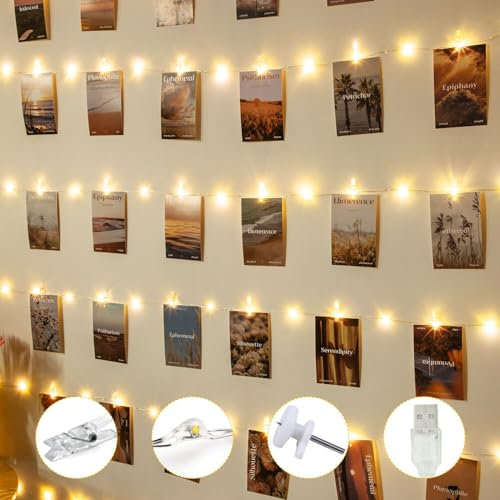 Liyade LED Fotoclips Lichterkette, USB 10M 100LED Lichterkette für Zimmer Deko Fotos Wand mit 60 Klammern und 20 Haken, Fotos Lichterkette für Wohnzimmer, Weihnachten, Hochzeiten (Warmweiß)
