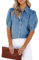 Aosrioylt Puff Sleeve Denim Shirt,Puff Sleeve Denim Top with Pocket Casual Button down Shirt Jean Jacket Coat Work Blouses Tops(L)