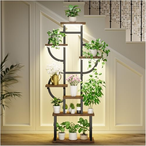 Asgolion Pflanzenständer für den Innenbereich mit Wachstumslichtern, 7 Etagen, Mehrzweck-Blumenregal, 142 cm Eckpflanzenregal für den Innenbereich, $-förmiger Pflanzenblumenhalter, für Zuhause