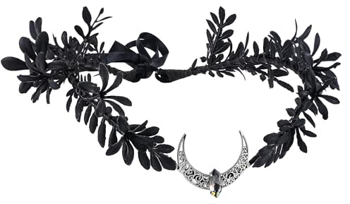 MOSTORY Schwarzes Elfenkrone für Damen, Gothic-Blumenkrone für Renaissance-Party-Fotoshootings, Mondelfen-Kopfschmuck für Halloween-Cosplay