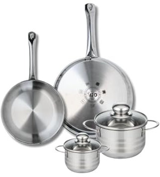 ELO 9875850 Batterie de cuisine 4 pièces, Ensemble de 2 Poêles de cuisson 24 et 28 cm et 2 faitouts 12 et 16 cm Elo Profi Brillant, inox, induction, Gris