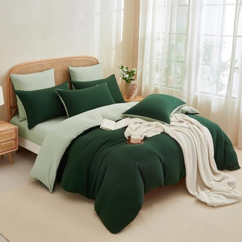 YASMENG Doppelte Muslin Bettwäsche 200x200 Dunkelgrün Grün 100% Baumwolle Bettwäsche Muslin Weich Atmungsaktiv Kuschelige Bettbezug Set 3 Teilig mit Reißverschluss und 2 Kissenbezüge 80x80