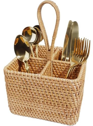 Cutlery holder for table Woven Cutlery Basket for Table 4 Compartments Handwoven Wicker Utensil Organiser for Kitchen Dining Room Picnic Silverware Condiment Holder Countertop Storage