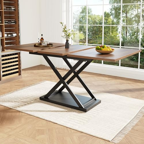 TIZZ Mesa telescópica moderna (120 – 160 × 80 cm) – Mesa de comedor extensible que ahorra espacio con patas de hierro negro cruzadas, mesa de nogal, ideal para cocina y sala de estar