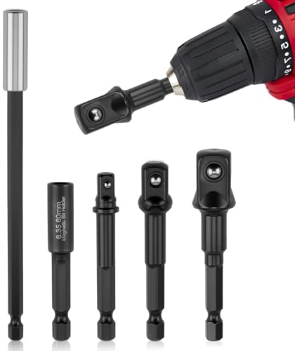 5PCS Impact Socket Adapter Set, 1/4” 1/2” 3/8” Impact Driver Socket Adapter with 60mm/150mm Magnetic Extensions 1/4 Hex Shank for Drills Screwdrivers Power Hand DIY Tool