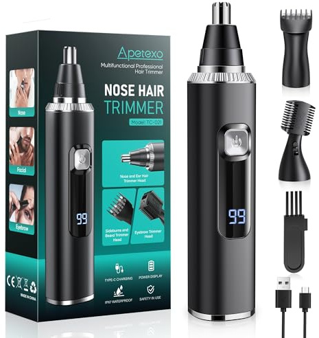 Apetexo Nose Hair Trimmer for Men and Women, Type-C Rechargeable Precision Groomer with Double-Edged Blades, Painless & IPX7 Waterproof Design for Nose, Ears, Eyebrows and Facial Hair
