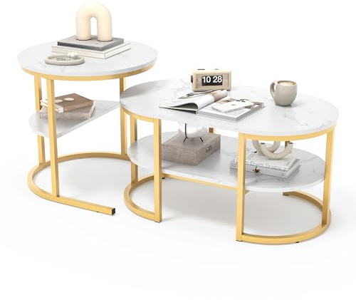 WSOFZMO Couchtisch Rund 2er Set, Stapelbar Beistelltisch Gold Tischbeine aus Metall, Couchtisch Marmor Platte, Set mit 2 Couchtischen, Moderne Wohnzimmertisch Beistelltisch mit Stauraum