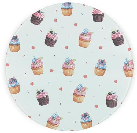 Indulgent Cupcakes Round Glass Worktop Saver - Pretty Baking Themed Kitchen Gifts - Textured Chopping Board/Protector Non-Slip Feet 30cm x 30cm (12 x 12)