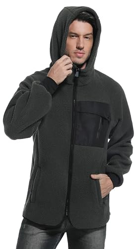 Mnking Giacca Pile Uomo Invernale con Cappuccio Cerniera Sherpa Felpa Polar Hoodie Caldo Termica Lavoro Teddy Cappotto per Outdoor Running Trekking Sci
