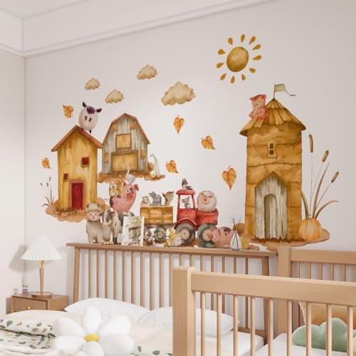 WandSticker4U®- [Extra groß] Aquarell Wandtattoo BAUERNHOF Kinderzimmer (131x76 cm) I Wandsticker Bauernhof Tiere Schwein Kuh Traktor I Wanddeko Kinderzimmer Mädchen Jungen Tiere Deko XXL