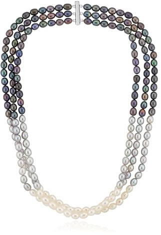 Cavill Süßwasserzuchtperlen Kette 47 cm, 925 Sterlingsilber rhodiniert Silber Perlenhalskette mit weißen, silberfarbenen und schwarzen fancy Schliff Perlen, mehrreihig, modisch
