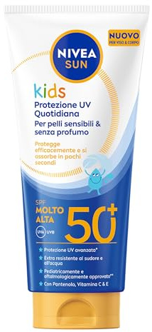 NIVEA SUN Kids Protezione UV Quotidiana SPF 50+ 100 ml, Crema solare 50 bambini per viso e corpo, Protezione solare 50 bambini extra resistente all'acqua, Per pelli sensibili, Senza profumo