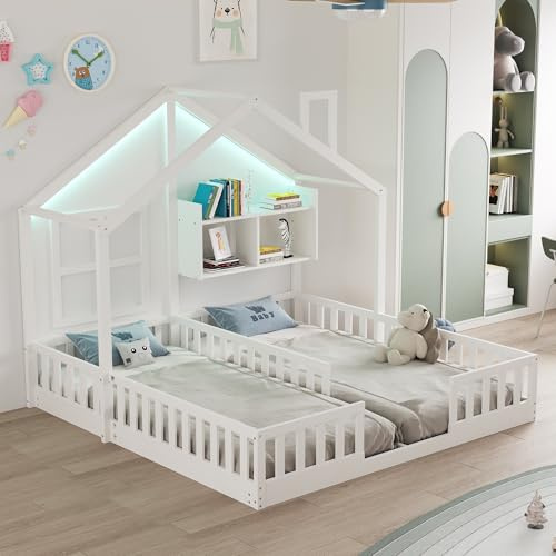 Idemon De madera 90 × 200 cm, cama doble independiente, diseño de casa con ventanas y chimenea, con iluminación, barandillas de seguridad y estantes, completo con somier, color blanco