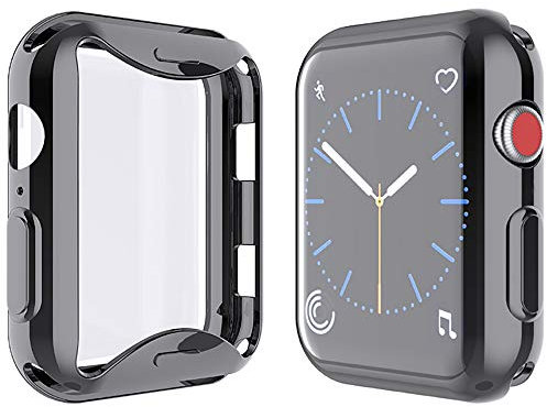 YoLin [2-Pack] All-around TPU Screen Protector Compatible with Apple Watch Series 3 38mm, Soft Protective Case For iwatch 38mm (1 Black + 1 Transparent)