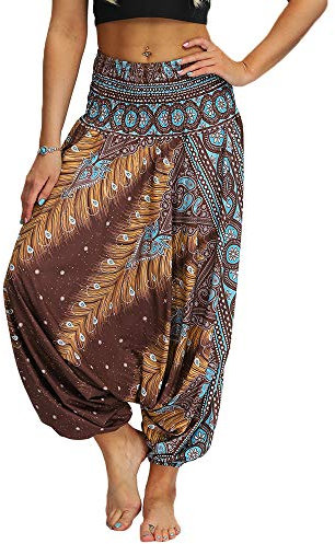 Nuofengkudu Damen Pumphose Aladin Thai Haremshose Hippie Bunt Muster Baggy Leichte Yoga Hosen Blumen Hose Strandhose (Braun,One Size)