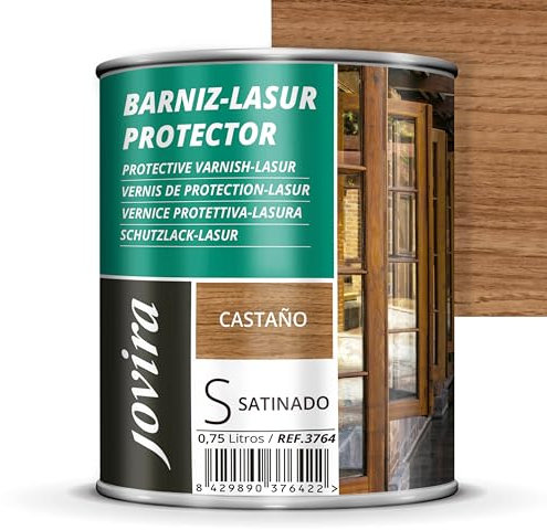 JOVIRA PINTURAS. BARNIZ LASUR PROTECTOR SATINADO (7 colores) Protege, decora y embellece todo tipo de madera (750 Mililitros, Castaño) H-27