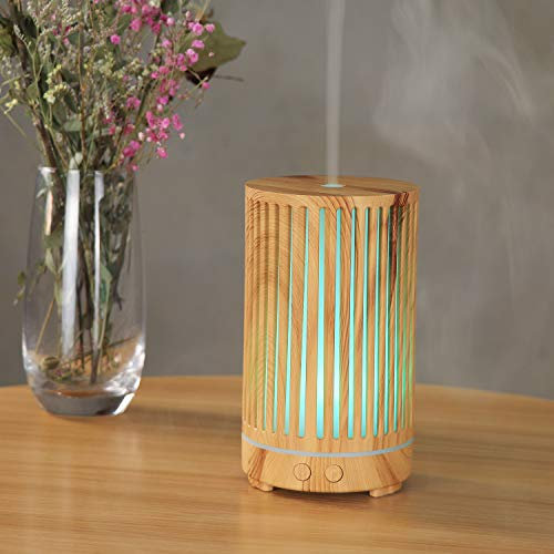 Bamboo Essential Oil Diffusers, Air Humidifier Aromatherapy Diffusers With 7 Colorful LED Lights,3 Timer Settings,Waterless Auto-Off, Mute BPA-Free Cool Mist Humidifier 200ml (Light wooden)