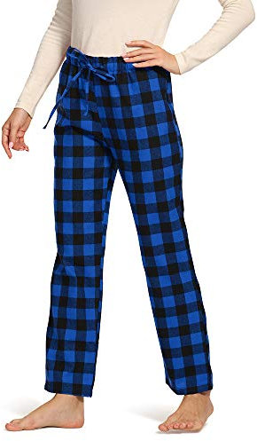 Aeslech Pantalon de pyjama à carreaux pour femme en flanelle douce, 1 noir et bleu, 46