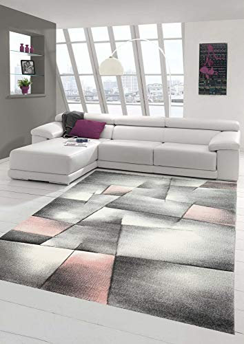 Teppich-Traum Teppich modern Teppich Wohnzimmer Teppich Kurzflor in Pastell rosa grau Größe 80 x 300 cm