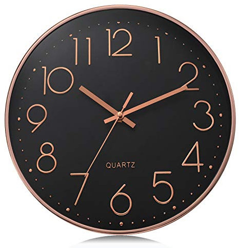 Lafocuse Schwarz Modern Wanduhr Lautlos 30cm, 3D Ziffern Rosegold Ohne Tickgeräusche, Quartz Wanduhr Analog Leicht zu Lesen Deko für Wohnzimmer Zimmer Küche Büro