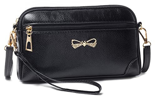 FULEI Ladies Small Black Crossbody Shoulder Bag, PU Leather Wristlet Clutch Phone Purse, Includes Adjustable Shoulder and Wrist Straps