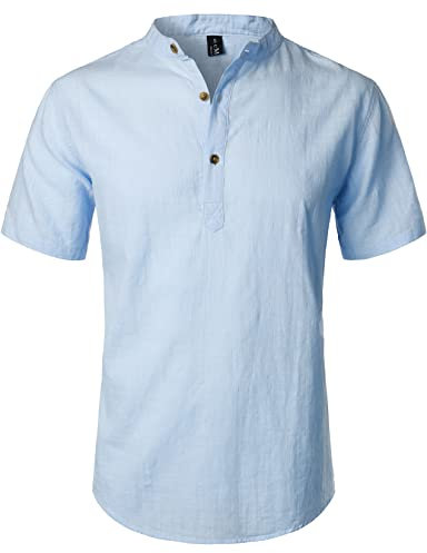 LucMatton Men's Casual Cotton Linen Short Sleeve Henley Shirt Summer Lightweight Banded Collar Beach Tops Blue Small
