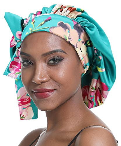 SENGTERM Satin Schlafmütze Doppelschicht Elastisch Satin Bonnet Schluchtrmütze Breites seidiges Band für Schwarze Frauen mit langem und lockigem Haar (Green Flower)