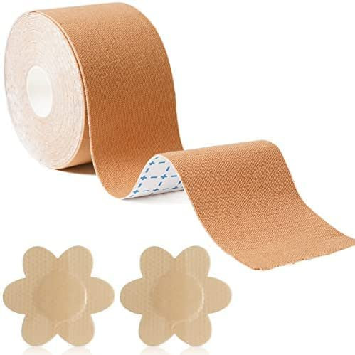 ONELUX Nastro Adesivo Reggiseno, Copri Capezzolo, 1 Rotolo Boob Tape con 2pcs di Copri Capezzoli, Nastro per Sollevare Il Seno per Una Coppa A-E Reggiseno Invisibile - 5cm × 5m