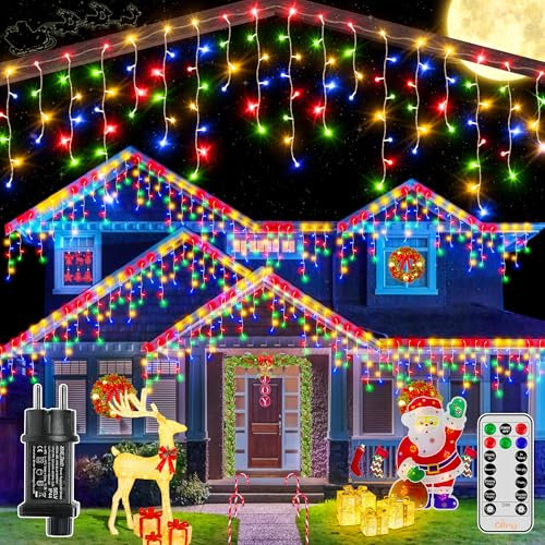 Ollny Eisregen Lichterkette außen 12m 486 LEDs Weihnachtsbeleuchtung außen Bunt 81 Saiten IP44 wasserdicht 8 Modi mit Fernbedienung Timer EU Stecker für Pavillon Balkon