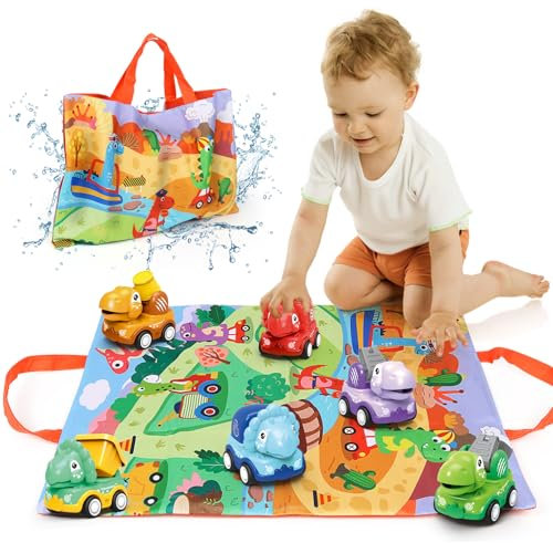 Dinosaure Jouets Voiture, Baby Jouet Voiture à Tirer pour 1 2 3 Ans Garçon, 6 Pièces Pousser Aller Jouer avec Tapis de Jeu et Sac Stockage, Enfant Jeux Anniversaire Cadeau pou 12 18 Mois Fille