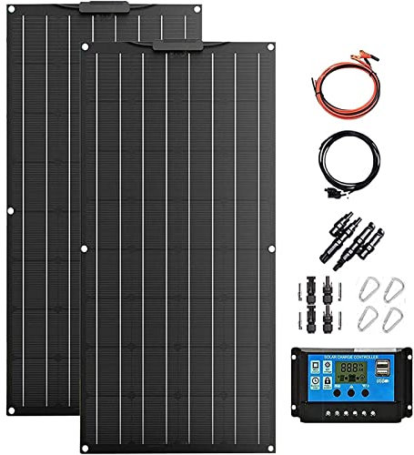 Wttfc 200W 2x100W 18V Panel Solar Flexible Monocristalino Cargador Solar Portátil 20A Controlador Paneles Solares Kit Placa Solar para RV, Barco, Coche, Batería de 12V o Superficie Irregular