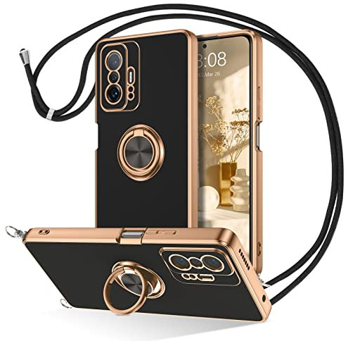 DOMAVER Xiaomi 11T 5G Hülle mit Band, Handyhülle Xiaomi 11T Pro 5G Case mit 360 Grad Ring Ständer, HandyKette Weichem TPU Silikon Slim Bumper Stoßfest Kratzfest Schutzhülle, Schwarz