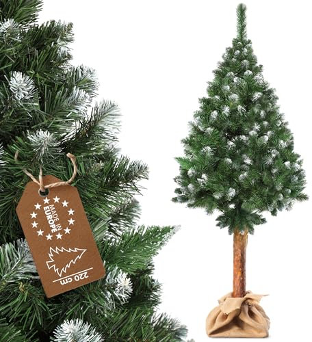 KADAX Árbol de Navidad artificial de 220 cm, árbol de Navidad con tronco natural y puntas nevadas, árbol de Navidad de PVC con soporte estable, decoración navideña (Anni 220 cm)