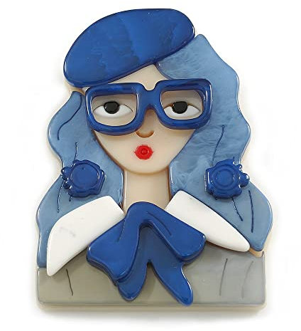 Broche élégante en acrylique avec lunettes bleues - Bleu/crème - 65 mm de haut, taille unique, Plastique