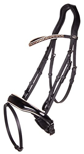 QHP Schwedische Trense Orlando Leder Lackoptik Strass Glitzer (Warmblut, schwarz/beige)
