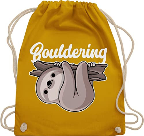 Turnbeutel Rucksack - Bouldering mit Faultier - weiß - Unisize - Senfgelb - 25. geburtstag klettern tasche kinderturnbeutel sport beutel sportbeutel stoffrucksack stoff taschen beuteltasche