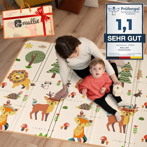 Mallie® Spielmatte Baby Faltbar inkl. Gratis Tragetasche 180x150x1,5cm [100% BPA- und Schadstoff-Frei] Doppelseitige Krabbelmatte Baby, Krabbeldecke Baby I Baby Play Mat, Spielmatte Baby Faltbar