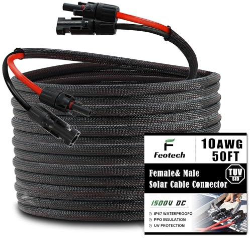 Feotech Twin Wire 50FT Solar Extension Cable - 10AWG (6mm) Black & Red with IP67 Solar Panel Connectors for Outdoor & Marine Use
