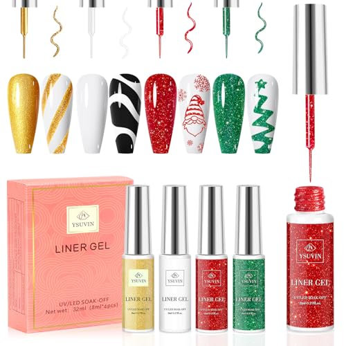 Yueshop Christmas Nail Art Gel Liner Polishes Set, 4x 8ml White Gold Red Green Colors Painting Soak Off Collection Drawing UV Gel Nail liner Thin Nail Art Brush Pen Tool for Women's DIY Nail Art