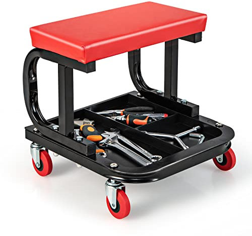 COSTWAY 150kg Capacity Rolling Mechanic Stool, Soft Padded Creeper Stool Trolley with Tool Tray and 4 Universal Casters, Heavy Duty Garage Workshop Seat Chair