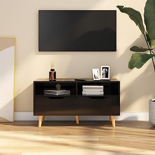 Higsose TV-Schrank 90x40x48,5cm Hochglanz-Schwarz,Holzwerkstoff,TV-Ständer,HiFi-Schrank,Wohnzimmer Vitrine,Regal Schrank,TV-Schrank Im Industrie-Design,Fernsehschrank Wird,Stauraumschrank