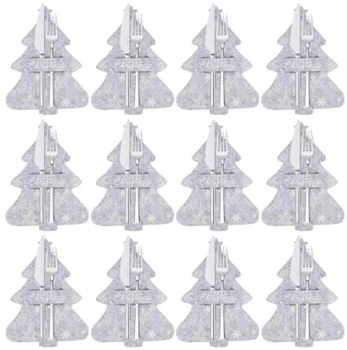 BOFUNX 12Pcs Christmas Cutlery Holders Silverware Holders Christmas Tree Tableware Holders Knife Spoon Fork Pockets Christmas Party Table Decorations