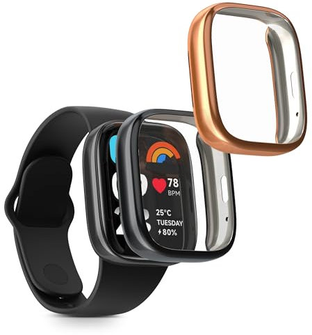 kwmobile Set 2x Custodia Smartwatch Compatibile con Xiaomi Redmi Watch 3 Active Cover - Case Silicone Protezione Orologio Fitness nero/oro rosa