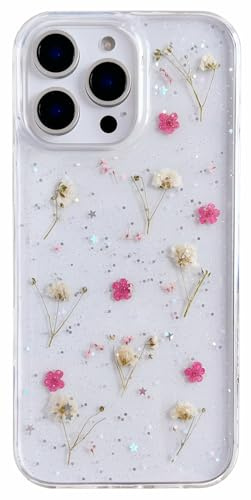 AMART für iPhone 15 Pro Hülle Blumen, Durchsichtig Handyhülle mit Echte Getrocknete Blumen Hülle,Klare mit Glitzer Motiv Weich Silikon Schutzhülle für iPhone 15 Pro(Rosa Schleierkraut)