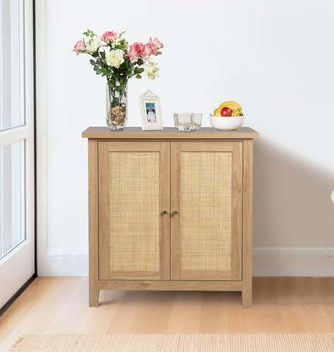 Hallowood Furniture Newquay Oak Effect Small Cupboard with Real Rattan Front, 2-Door Laminated Oak Cabinet with Adjustable Shelf, Boho Style Hallway, Bedroom & Kitchen Wooden Storage Cabinet