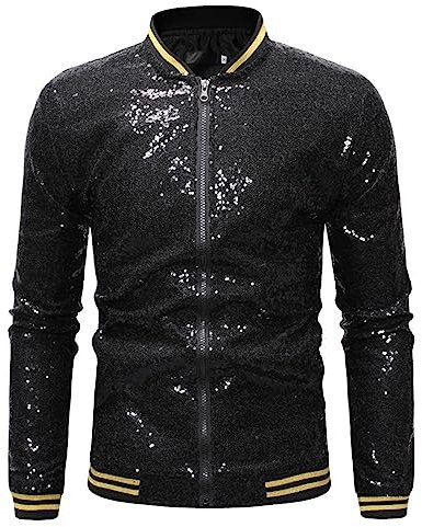 Glitzer Jacket Herren Pailletten-Jacke Metallic Nachtclub Reißverschluss Bomberjacke 80er Jahre Outfit Herren Mode Casual Baseball Bomber Glänzende Jacke Disco Party Karneval Kostüm